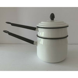 Vintage Enamelware Double Boiler 3 Piece Set  White and Black Camping Cookware